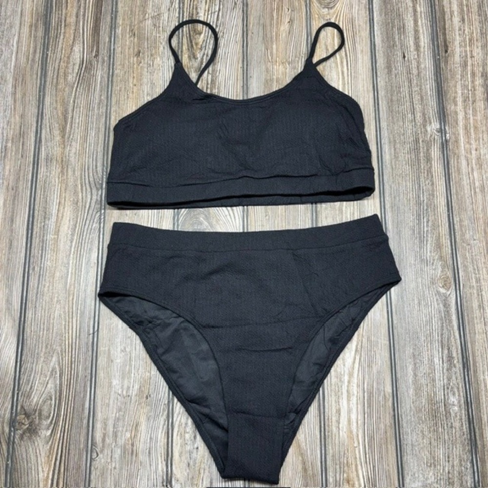 Black Textured High Waisted Bikini Set Two Piece Swimsuit XL